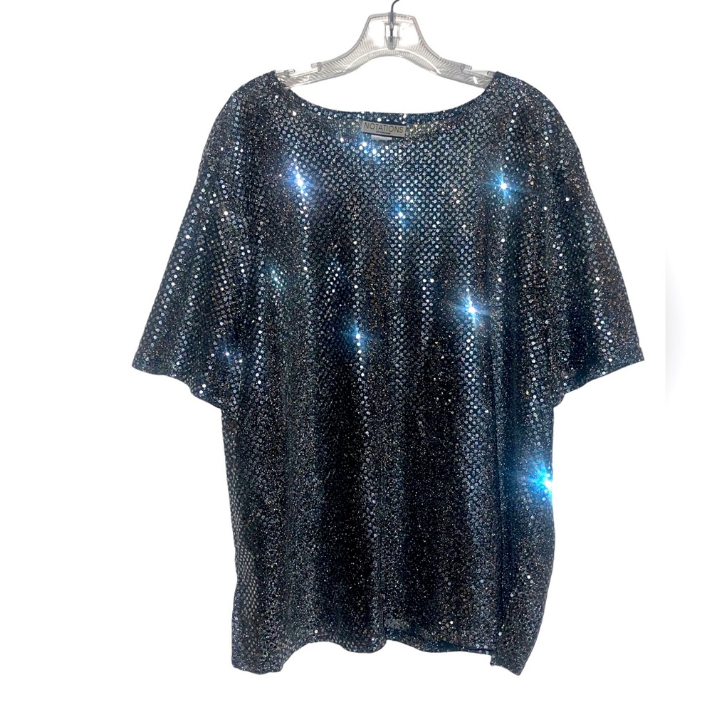 Women’s Notations Silver Sequin Pattern Short Sleeve Blouse Size 2X Classy NWT